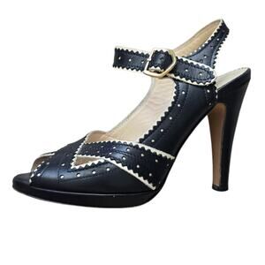 Max Mara Y2K Black White Leather Peep Toe Heels Size 37 Mary Jane Stiletto